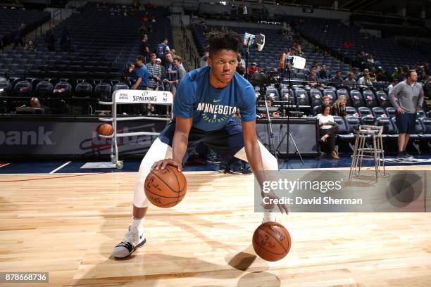 Justin Patton of the Minnesota Timberwolves warms up before the game against the Miami Heat on November 24, 2017 at Target Center in Minneapolis,...