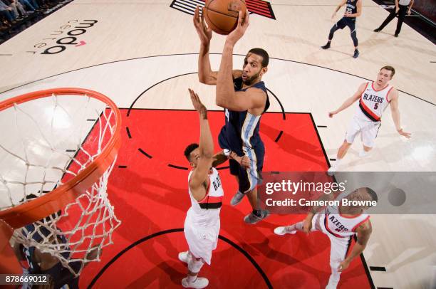Brandan Wright of the Memphis Grizzlies shoots the ball against the Portland Trail Blazers on November 7, 2017 at the Moda Center Arena in Portland,...