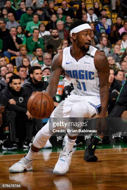 Terrence Ross of the Orlando Magic handle the ball during the game against the Boston Celtics on November 24, 2017 at the TD Garden in Boston,...