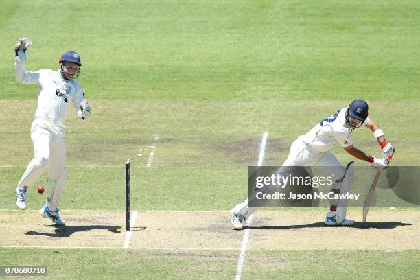 Peter Nevill of NSW celebrates the dismissal of Glenn Maxwell of Victoria off the bowling of Stephen O'Keefe of NSW during day two of the Sheffield...