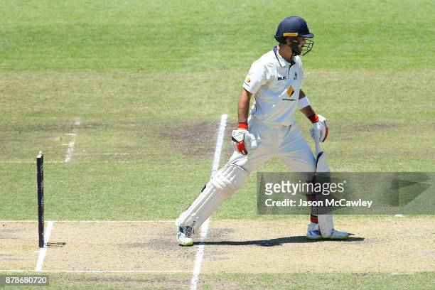 Glenn Maxwell of Victoria is bowled by Stephen O'Keefe of NSW for 278 runs during day two of the Sheffield Shield match between New South Wales and...