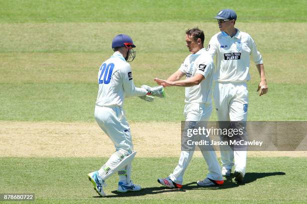 Stephen O'Keefe of NSW is congratulated by Peter Nevill after dismissing Glenn Maxwell of Victoria during day two of the Sheffield Shield match...