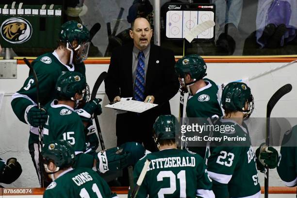 Head coach Tom Serratore of the Bemidji State Beavers coaches during the second period against the Princeton Tigers at Hobey Baker Rink on November...