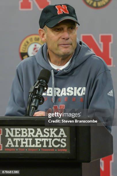 Head coach Mike Riley of the Nebraska Cornhuskers address the media after the game against the Iowa Hawkeyes at Memorial Stadium on November 24, 2017...