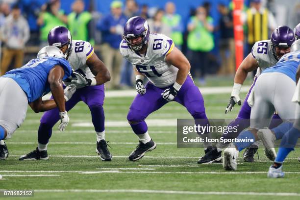 Minnesota Vikings guard Joe Berger blocks during game action between the Minnesota Vikings and the Detroit Lions on November 23, 2017 at Ford Field...