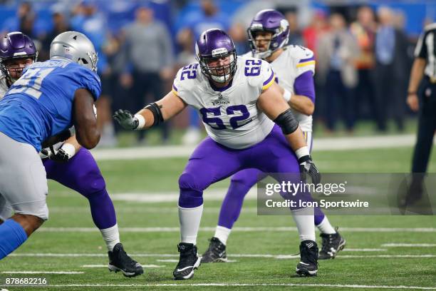 Minnesota Vikings guard Nick Easton blocks during game action between the Minnesota Vikings and the Detroit Lions on November 23, 2017 at Ford Field...