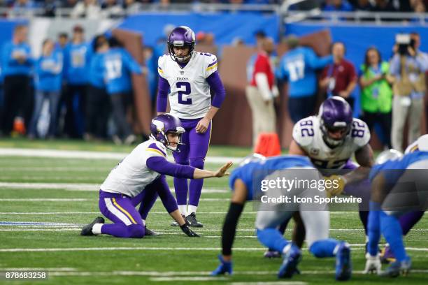 Minnesota Vikings kicker Kai Forbath prepares to kick an extra point during game action between the Minnesota Vikings and the Detroit Lions on...