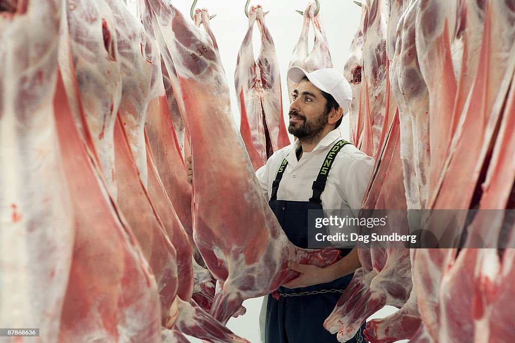 Butcher in abattoir with ecological meat