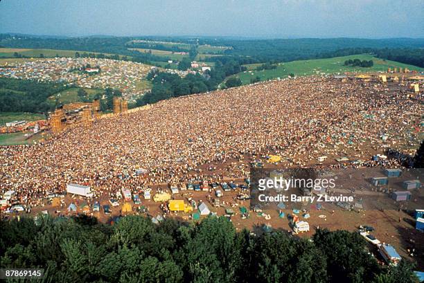 Aerial view of the massive crowd as they attend the Woodstock Music and Arts Fair in Bethel, New York, August 15 - 17 , 1969.