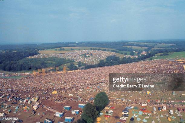 Aerial view of the massive crowd as they attend the Woodstock Music and Arts Fair in Bethel, New York, August 15 - 17 , 1969.