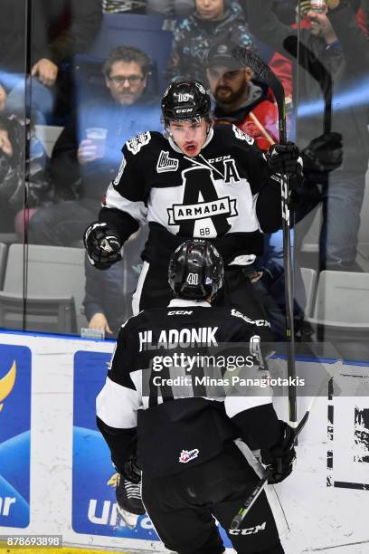 Alex Barre-Boulet of the Blainville-Boisbriand Armada reacts as he celebrates his second period goal against the Baie-Comeau Drakkar during the QMJHL...