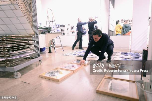 The Italian graphic novelist and artist Stefano Ricci during the set up of his exhibition 'Segnosonico' during Bil Bol Bul Festival at the print...