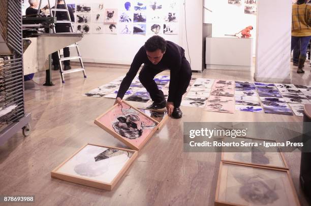 The Italian graphic novelist and artist Stefano Ricci during the set up of his exhibition 'Segnosonico' during Bil Bol Bul Festival at the print...