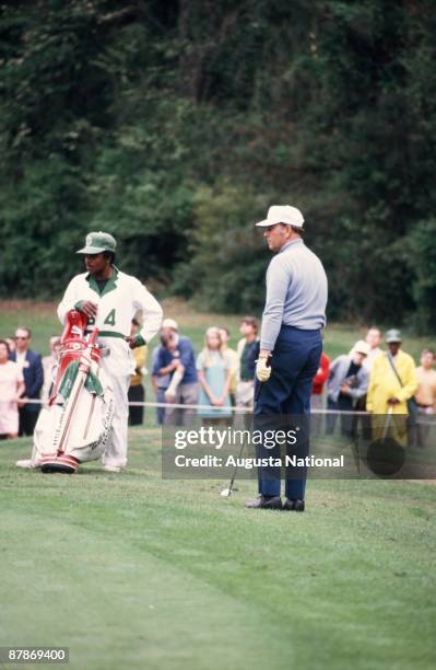 Billy Casper watches his shot during the 1971 Masters Tournament at Augusta National Golf Club in April 1971 in Augusta, Georgia.