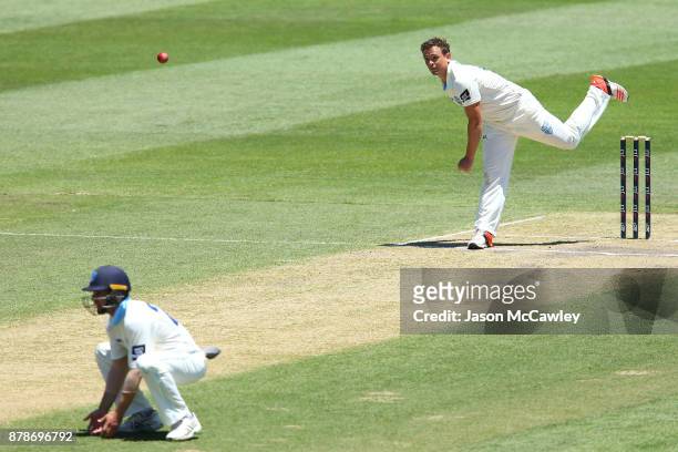 Stephen O'Keefe of NSW bowls during day two of the Sheffield Shield match between New South Wales and Victoria at North Sydney Oval on November 25,...