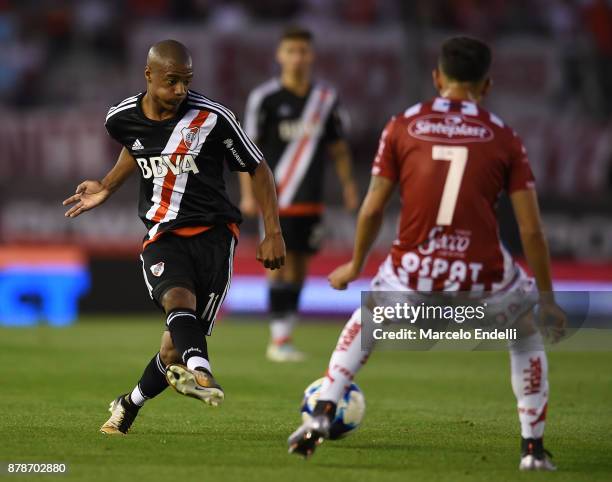 Nicolas De La Cruz of River Plate kicks the ball during a match between River and Union as part of Superliga 2017/18 at Monumental Stadium on...