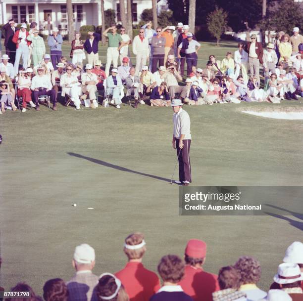 Jim Colbert watches his putt during the 1976 Masters Tournament at Augusta National Golf Club in April 1976 in Augusta, Georgia.