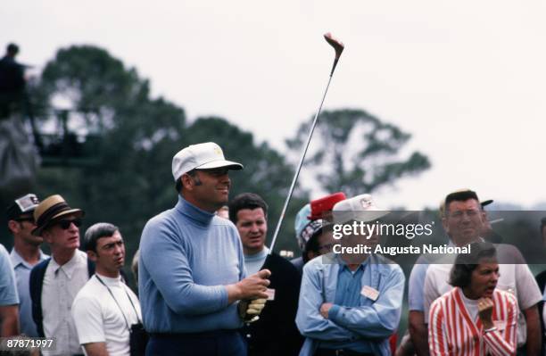 Billy Casper watches his shot during the 1970 Masters Tournament at Augusta National Golf Club in April 1970 in Augusta, Georgia.