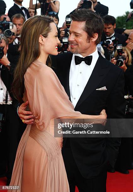 Actors Brad Pitt and Angelina Jolie attend the Inglourious Basterds Premiere held at the Palais Des Festivals during the 62nd International Cannes...