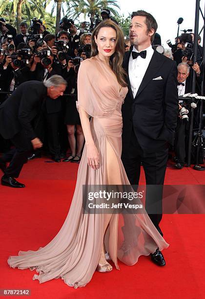 Actors Angelina Jolie and Brad Pitt attend the 'Inglourious Basterds' Premiere at the Grand Theatre Lumiere during the 62nd Annual Cannes Film...