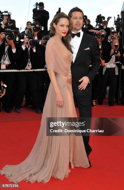 Actors Angelina Jolie and Brad Pitt attend the 'Inglourious Basterds' Premiere at the Grand Theatre Lumiere during the 62nd Annual Cannes Film...