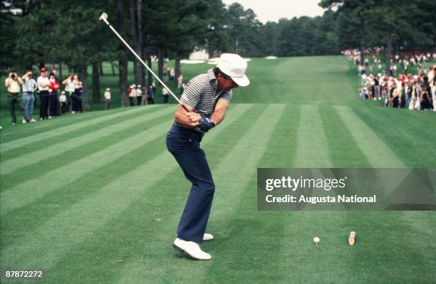 Gary Player tees off on the 3rd hole during the 1983 Masters Tournament at Augusta National Golf Club in April 1983 in Augusta, Georgia.