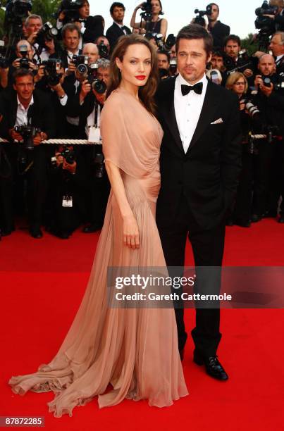 Actors Brad Pitt and Angelina Jolie attend the Inglourious Basterds Premiere held at the Palais Des Festivals during the 62nd International Cannes...