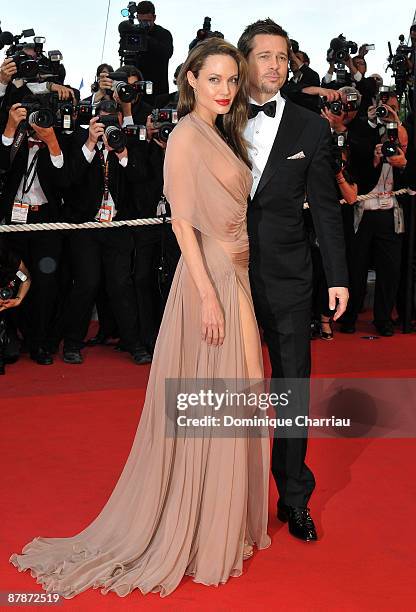 Actors Angelina Jolie and Brad Pitt attend the 'Inglourious Basterds' Premiere at the Grand Theatre Lumiere during the 62nd Annual Cannes Film...