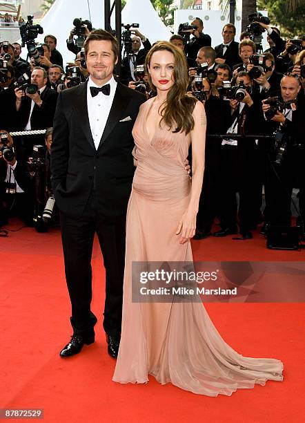 Brad Pitt and Angelina Jolie attend the 'Inglourious Basterds' premiere at the Grand Theatre Lumiere during the 62nd Annual Cannes Film Festival on...