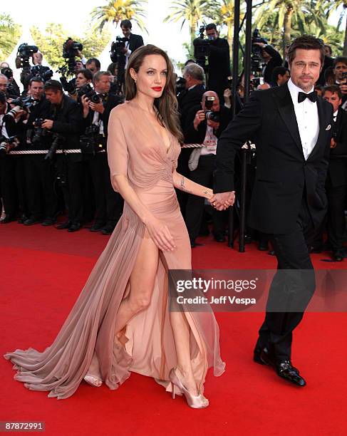 Actors Angelina Jolie and Brad Pitt attend the 'Inglourious Basterds' Premiere at the Grand Theatre Lumiere during the 62nd Annual Cannes Film...