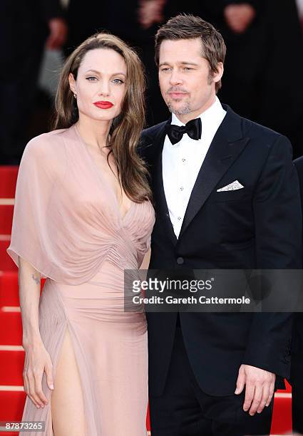 Actress Angelina Jolie and actor Brad Pitt attends the Inglourious Basterds Premiere held at the Palais Des Festivals during the 62nd International...