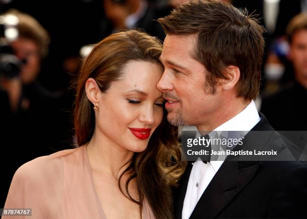 Angelina Jolie and Brad Pitt attends the 'Inglourious Basterds' Premiere at the Grand Theatre Lumiere during the 62nd Annual Cannes Film Festival on...