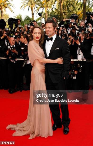 Angelina Jolie and Brad Pitt attend the 'Inglourious Basterds' Premiere at the Grand Theatre Lumiere during the 62nd Annual Cannes Film Festival on...