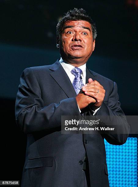Comedian George Lopez speaks at the 2009 Turner UpFront at the Hammerstein Ballroom on May 20, 2009 in New York City.