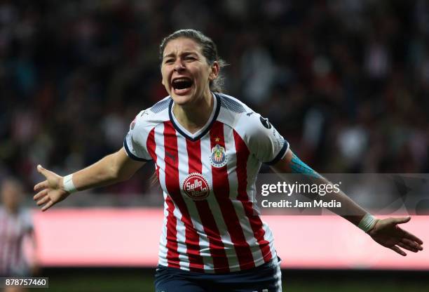 Brenda Viramontes del Chivas celebrates during the Final match between Chivas and Pachuca as part of the Torneo Apertura 2017 Liga MX Femenil at...