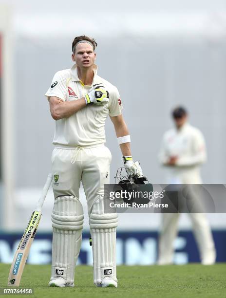 Steve Smith of Australia celebrates after reaching his century during day three of the First Test Match of the 2017/18 Ashes Series between Australia...