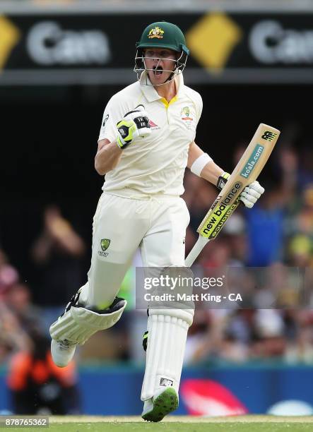 Steve Smith of Australia celebrates scoring a century during day three of the First Test Match of the 2017/18 Ashes Series between Australia and...