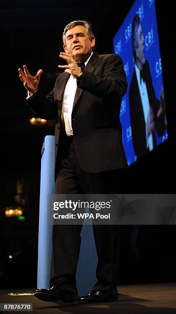 Prime Minister Gordon Brown addresses the CBI Annual Dinner in London's Park Lane May 20, 2009 in London, England. The event is focusing on the...