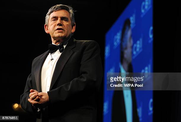 Prime Minister Gordon Brown addresses the CBI Annual Dinner in London's Park Lane May 20, 2009 in London, England. The event is focusing on the...