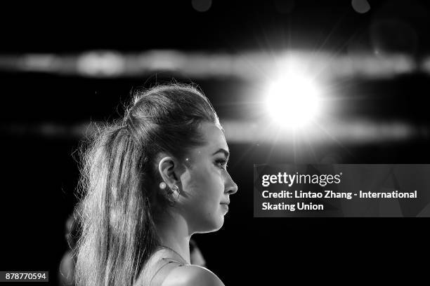 First place winner Elena Radionova of Russia looks on after win the Ladies Free skating duirng the 2017 Shanghai Trophy at the Oriental Sports Center...