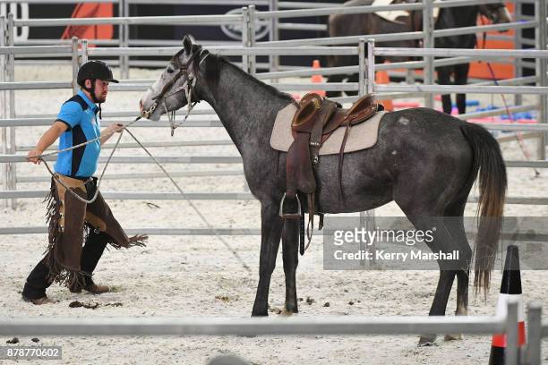 Tui Teka works with his horse in the Way of the Horse Challenge during 2017 Equitana Auckland on November 25, 2017 in Auckland, New Zealand.
