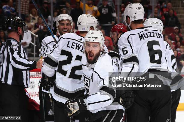 Drew Doughty of the Los Angeles Kings celebrates after Trevor Lewis scored a goal against the Arizona Coyotes during the third period of the NHL game...