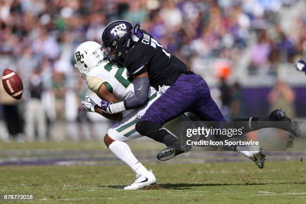Horned Frogs linebacker Arico Evans breaks up a pass intended for Baylor Bears running back Trestan Ebner during the football game between the Baylor...
