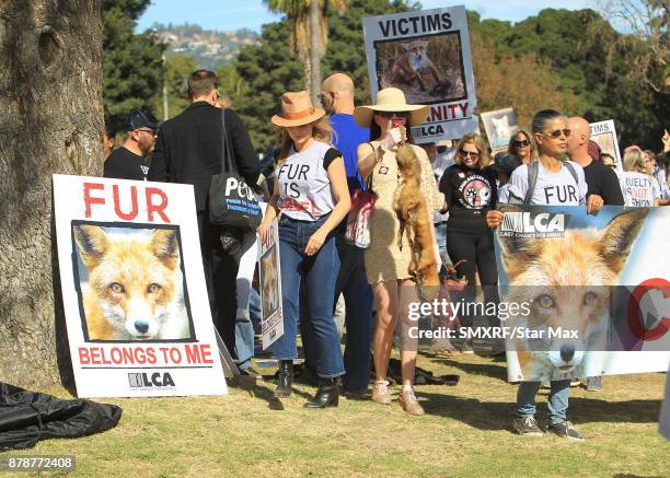 Actress Mena Suvari is seen on November 24, 2017 at The Fur Free Friday Peaceful Protest March in Los Angeles, CA.