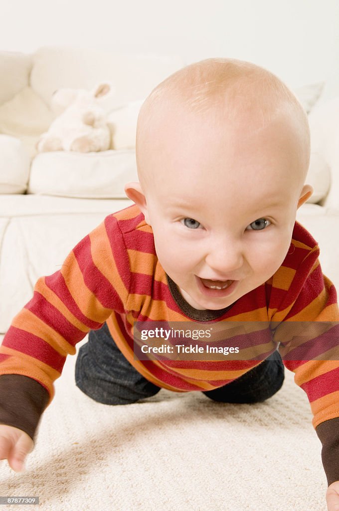 An excited baby crawling to camera.