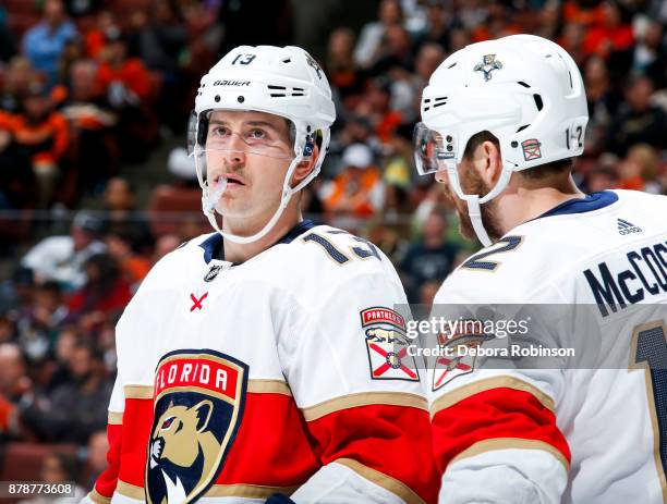 Mark Pysyk and Ian McCoshen of the Florida Panthers talk during the third period of the game against the Anaheim Ducks at Honda Center on November...
