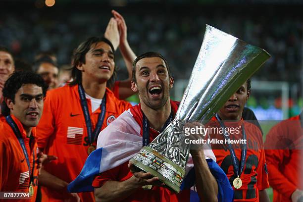 Darijo Srna of Shakhtar Donetsk holds the UEFA Cup Trophy following his team's victory after extra time at the end of the UEFA Cup Final between...