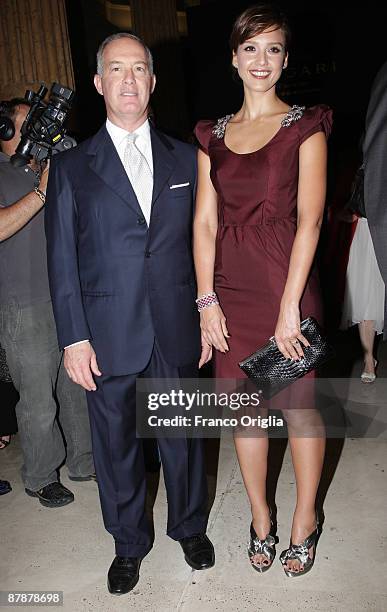 Bulgari CEO Francesco Trapani and actress Jessica Alba attend the BULGARI 'Between Eternity And History' opening exhibition cocktail party held at...