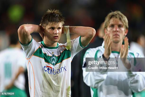 Sebastian Proedl of Werder Bremen looks on dejectedly following his team's defeat after extra time at the end of the UEFA Cup Final between Shakhtar...