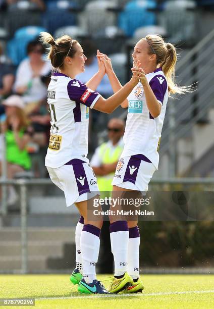 Rachel Hill of Perth celebrates a goal during the round five W-League match between Canberra United and Perth Glory at McKellar Park on November 25,...